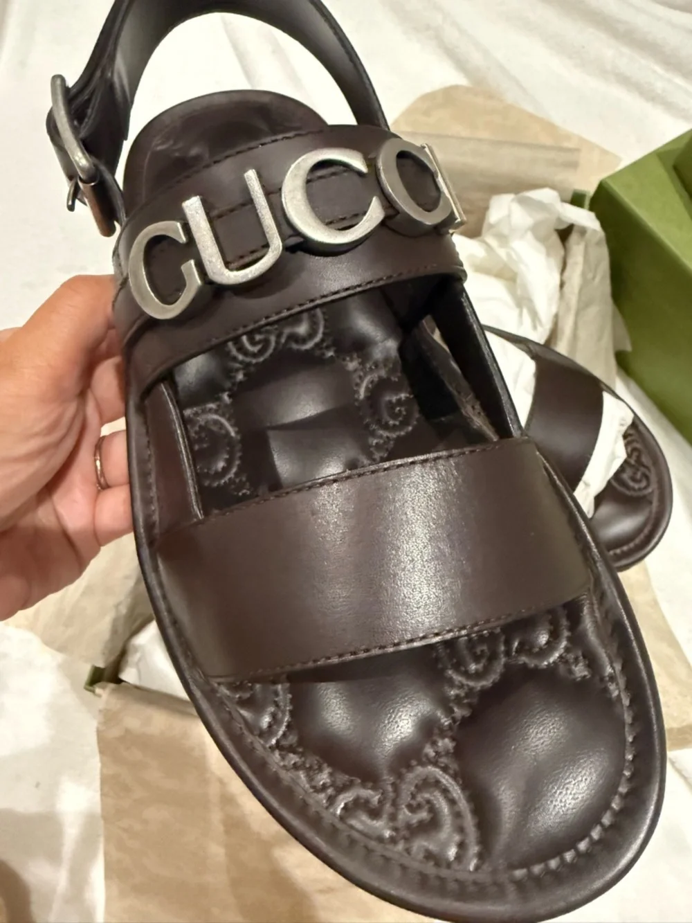 Gucci Dark Brown Leather Logo Buckle Sandals UK7
